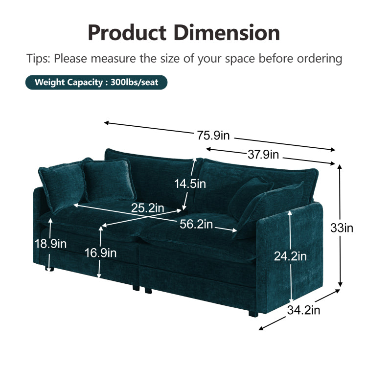 2 Seater Loveseat And Chair Set, 2 Piece Sofa & Chair Set, Loveseat And Accent Chair , 2 Piece Upholstered Chenille Sofa Living Room Couch Furniture 1 2 Seat ,Blue Chenille