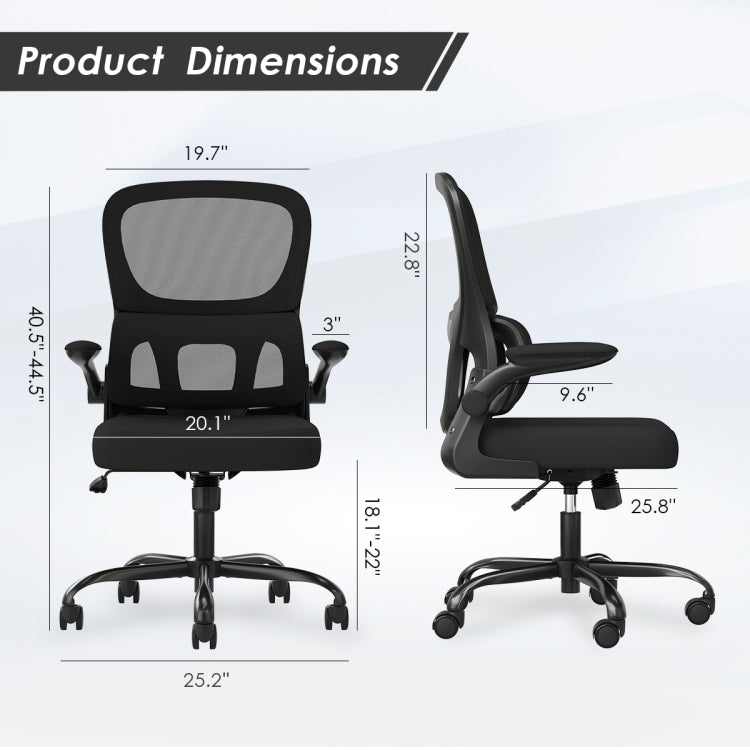 Office Chair, Mesh Ergonomic Office Chair With Lumbar Support, Comfy Computer Desk Chair With Flip Armrest Rolling Wheels For Home Study Room Office, Black & Black