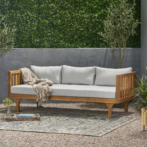 Acacia Wood Patio Furniture Set,Outdoor 3 Seater Daybed With Water Resistant Thick Cushions And Round Coffee Table, Light Gray Cushion
