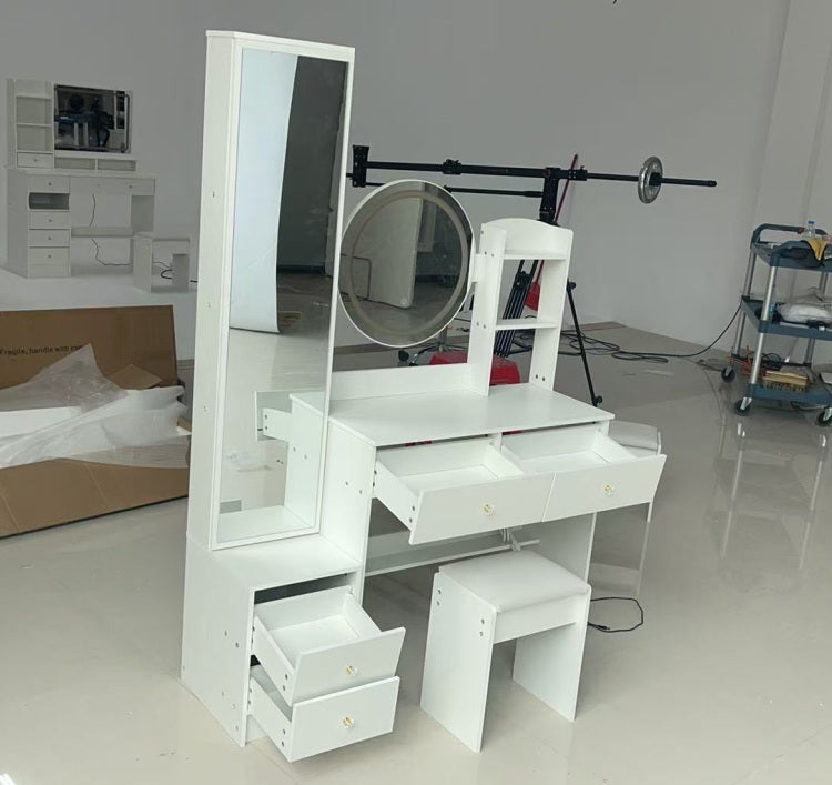 Full Body Mirror Cabinet Round Mirror Led Vanity Table Cushioned Stool, 17" Diameter Led Mirror, Touch Control, 3 Color, Brightness Adjustable, Large Desktop, Multi Layer High Capacity Storage