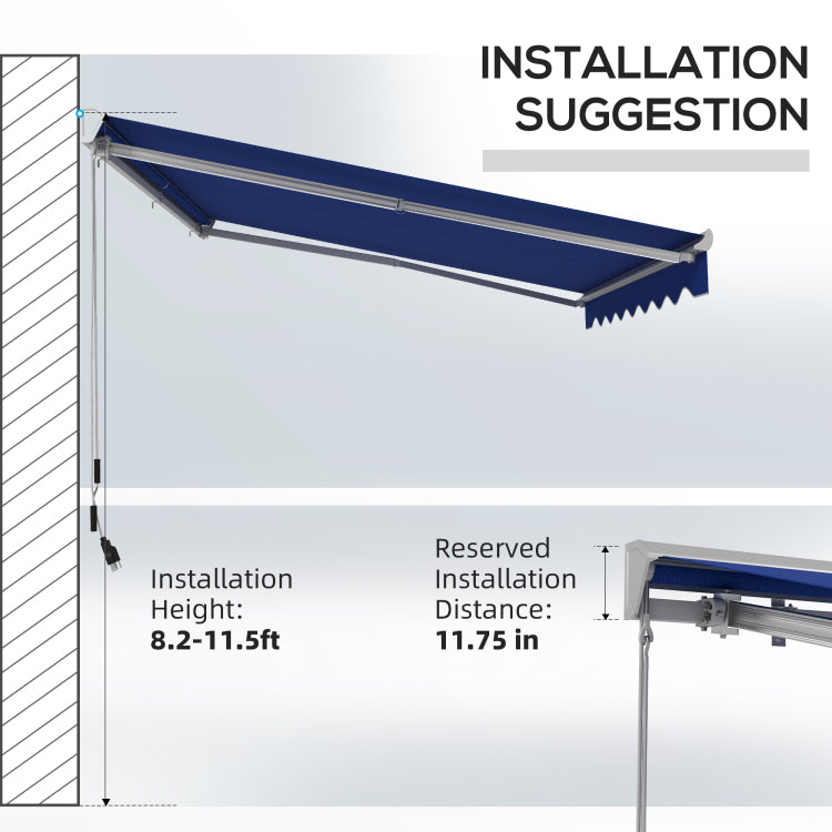 Outsunny 13' X 10' Electric Awning With Led Lights, Retractable Awning, Uv40 Sun Shade Shelter With Remote Controller And Crank Handle For Deck, Balcony, Yard, Blue