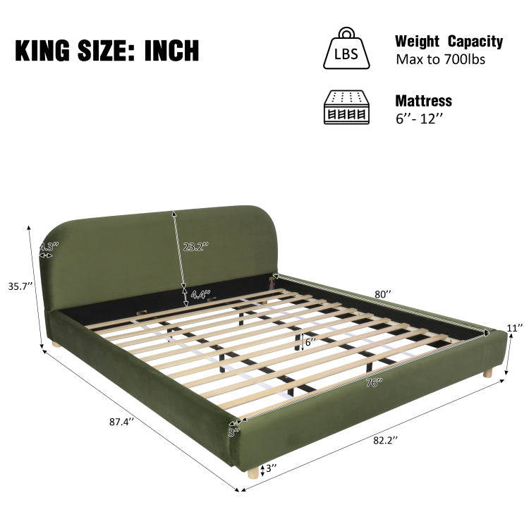 King Size Platform Bed With Velvet Fabric, Upholstered Platform Bed With Curve Shaped Design Headboard, Olive Green