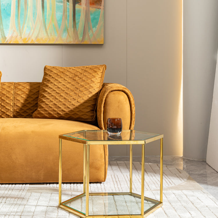 Luxury Hexagonal Side Table, Clear Tempered Glass Top With Gold Stainless Steel Frame, Accent Coffee Table For Living Room, Bedroom, Or Office