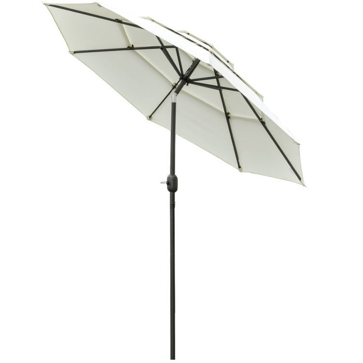 Outsunny 9Ft 3 Tiers Patio Umbrella Outdoor Market Umbrella With Crank, Push Button Tilt For Deck, Backyard And Lawn, Beige
