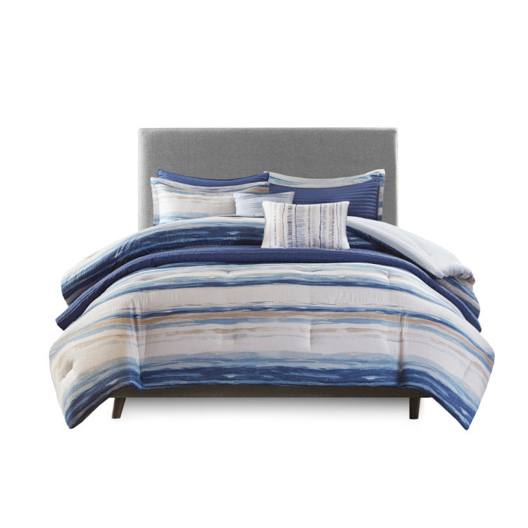 8 Piece Printed Seersucker Comforter And Quilt Set Collection Blue Full Queen