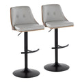 Mid Century Modern Adjustable Barstool With Swivel In Black Metal, Walnut Wood And Light Grey Faux Leather With Rounded T Footrest Set Of 2