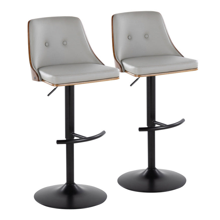 Mid Century Modern Adjustable Barstool With Swivel In Black Metal, Walnut Wood And Light Grey Faux Leather With Rounded T Footrest Set Of 2