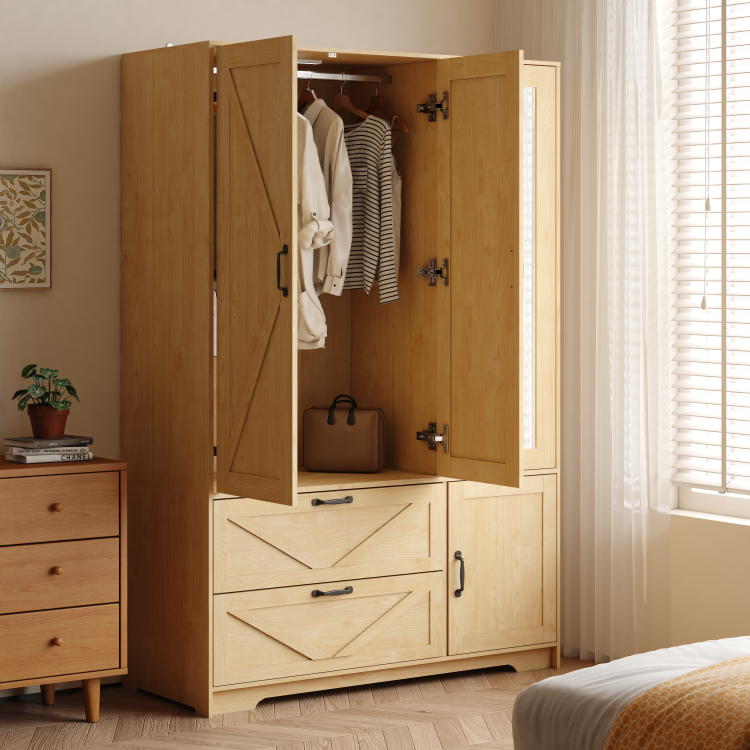 4 Doors Wardrobe Closet With Mirror, Led Wardrobe With Doors And 2 Drawers, Wooden Wardrobe Storage Cabinet With Hanging Rod, Adjustable Shelves, Natural