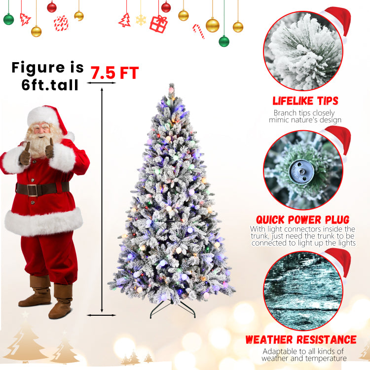 7.5Ft Flocked Christmas Tree With 400L Colorful Led Lights With G45 Ball, Realistic Pe Pvc Hard Needle Hinged Tree With Memory Wire, 10 Lighting Modes, Foot Switch & Stable Metal Stand