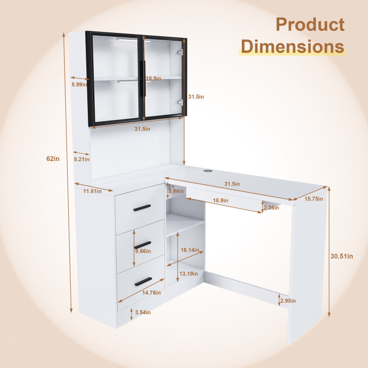 Computer Desk With Glass Cabinets & Built In Led Lights, Corner L Shaped Office Desk With Usb Charging Ports, Keyboard Tray, Ergonomic Design For Home And Corporate Workspaces White