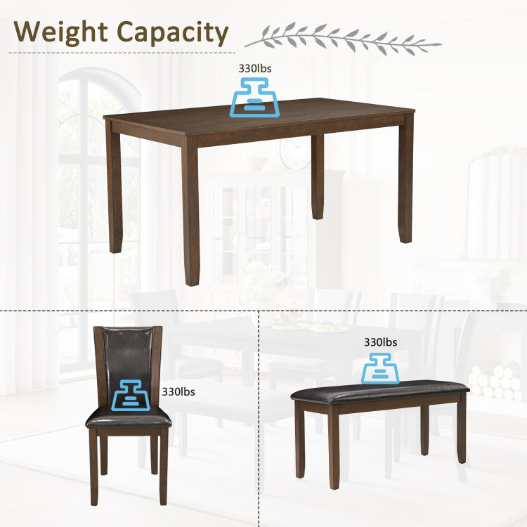 6 Piece Dining Table Set With Bench And Chairs, Wooden Dining Table Set For 6 People, Farmhouse Rustic Style 6 Person Dining Table Set For Dining Room, Kitchen, Dark Walnut