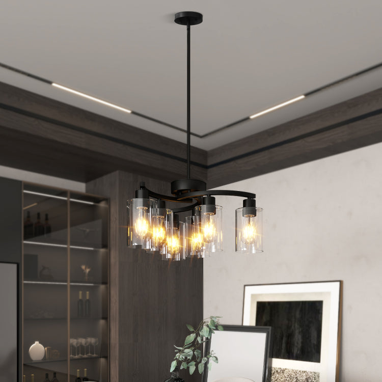 6 Light Modern Farmhouse Black Chandelier, Contemporary Dining Room Light Fixture, Adjustable Height Hanging Industrial Pendant Lights Kitchen Island, Clear Glass Shade