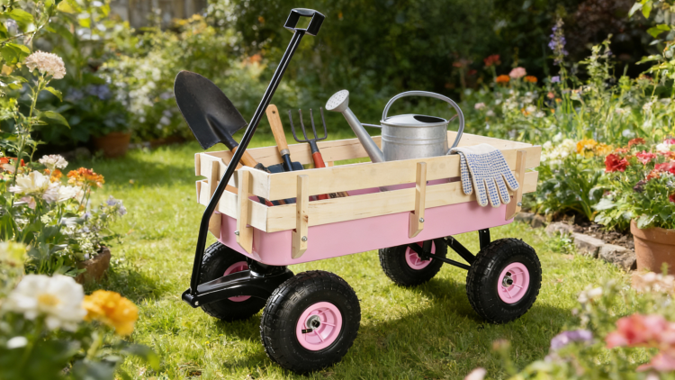 Outdoor Wagon All Terrain Pulling W Wood Railing Air Tires Garden Cart