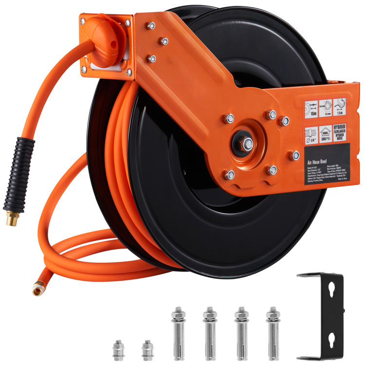 Retractable Air Hose Reel, 3 8 In X 50 Ft Hybrid Air Hose Max 300Psi, Air Compressor Hose Reel With 5 Ft Lead In, Ceiling Wall Mount Heavy Duty Single Arm Steel Reel