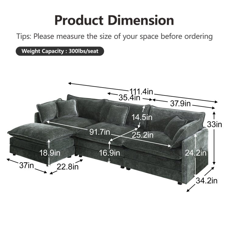 Free Combination Comfy Upholstery Modular Oversized L Shaped Sectional Sofa With Reversible Ottoman, Gray Chenille