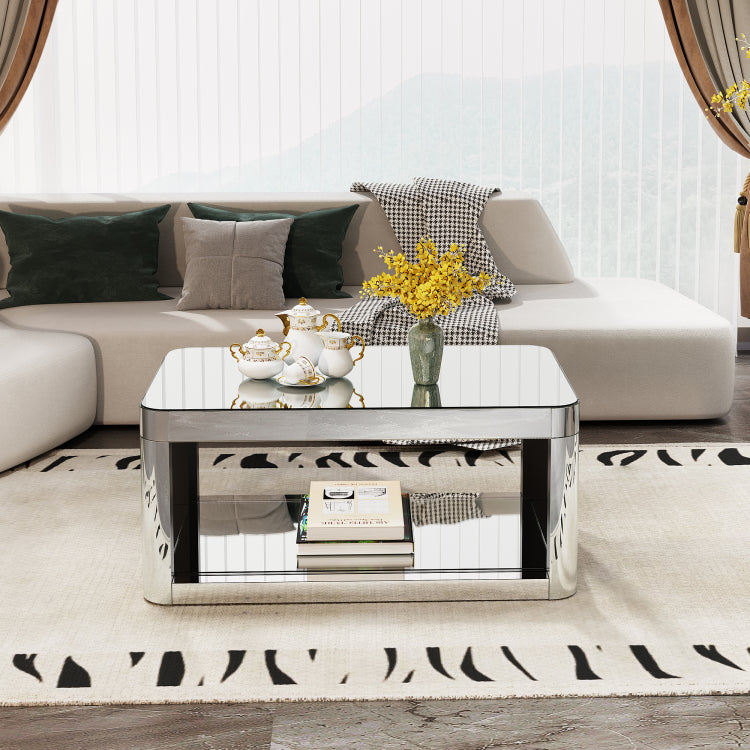 Baked Curved Mirror Coffee Table For Living Room, Modern Glass Coffee Table With Glass Top, Rectangular Center Table Premium Furniture