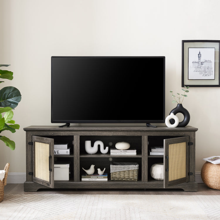 Farmhouse Rattan Tv Stand Console Table For Tvs Up To 70 Inches, Tv Console Table With 2 Storage Shelves, 2 Natural Rattan Door Cabinets, 65"W*15.55"D*23.86"H, Gray