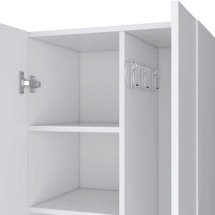 Aiken Broom Cabinet With Storage Shelves And Broom Hangers, White