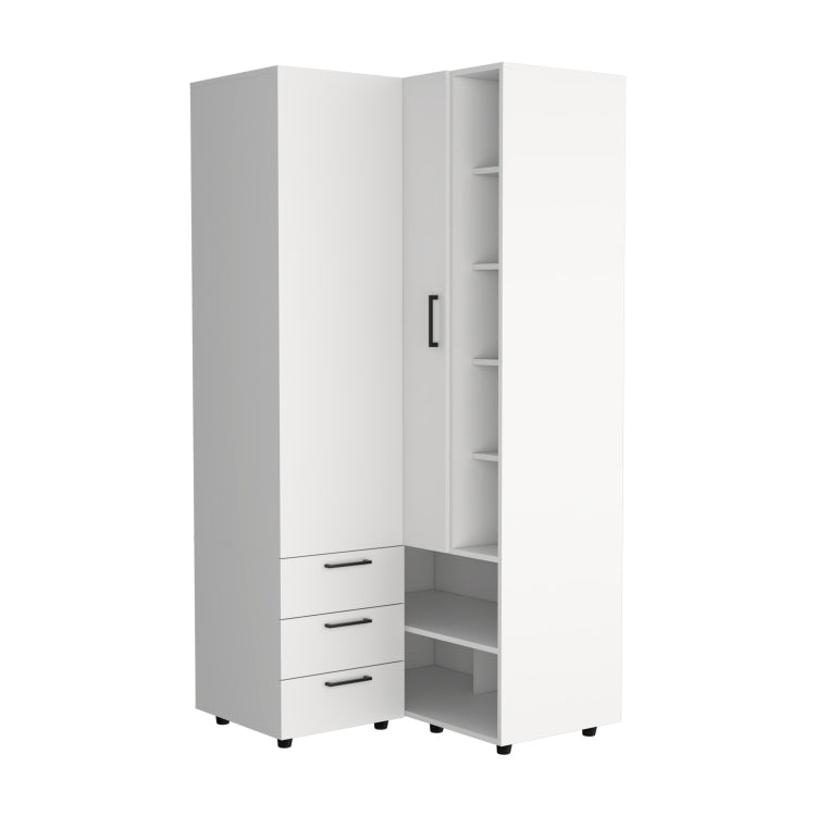 Toulouse Corner Armoire With Double Doors And Interior Shelves, Space Saving Wardrobe, White
