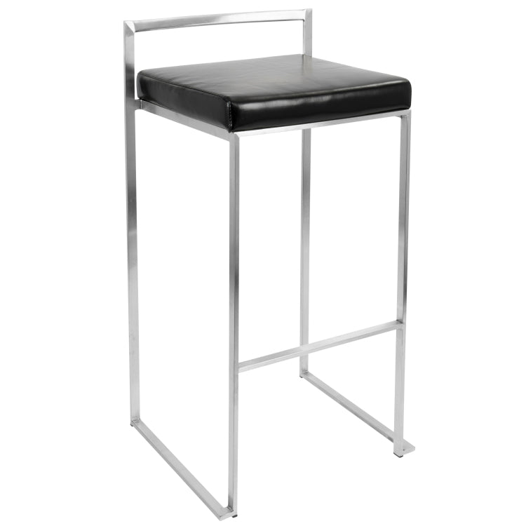 Contemporary Stackable Barstool With Black Faux Leather Set Of 2