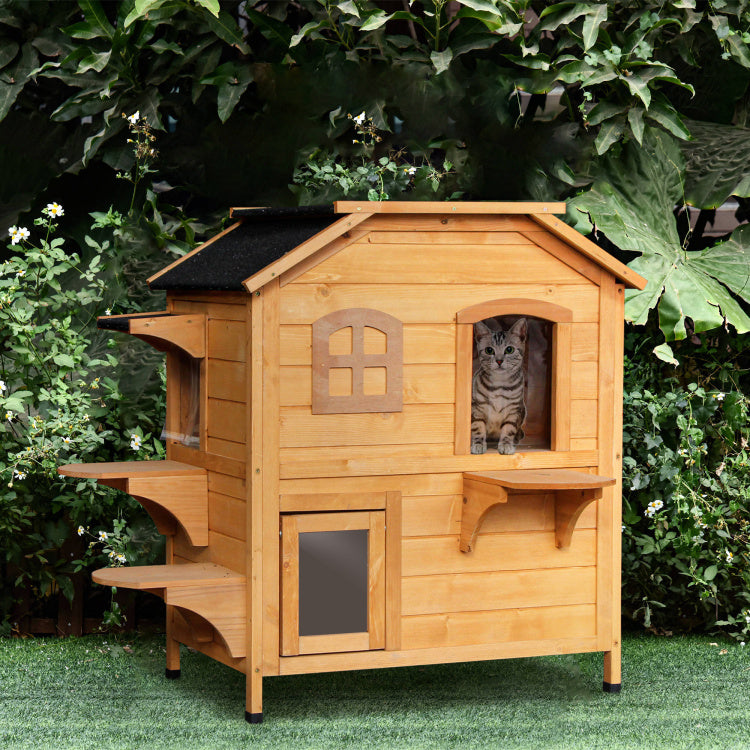 Pawhut 2 Story Cat House Outdoor, Weatherproof Wooden Cat Enclosure For Feral Cats With Escape Door, Openable Roof, Jumping Platforms, Natural