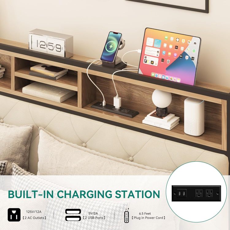 Queen Size Bed Frame, Platform Bed Frame With Charging Station, Upholstered Storage Headboard & Footboard Metal Slats Supports Mattress Foundation, No Box Spring Needed, Beige No Drawers