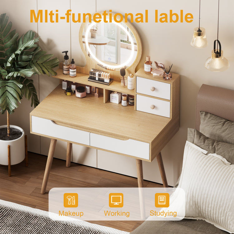 Makeup Vanity Desk With 3 Adjustable Lighted Mirror With Solid Wood Table Feet , Dressing Table Set With 4 Drawers And 3 Open Shelves For Small Space Bedroom