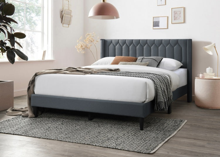 Modern Eye Catching 1Pc Full Size Bed Charcoal Burlap Fabric Unique Diamond Design Headboard Bedroom Furniture