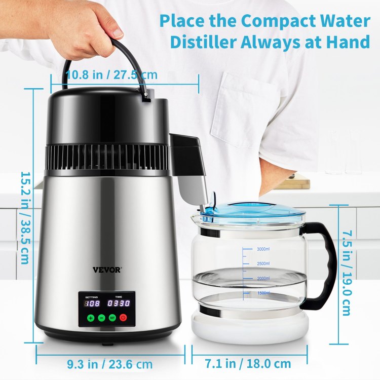 1.1 Gal Water Distiller, 0.3 Gal H, 750W Distilled Water Maker Machine 0 99H Timing Set Temp Display, 304 Stainless Steel Countertop Distiller Glass Carafe Cleaning Powder 3 Carbon Packs, Silver