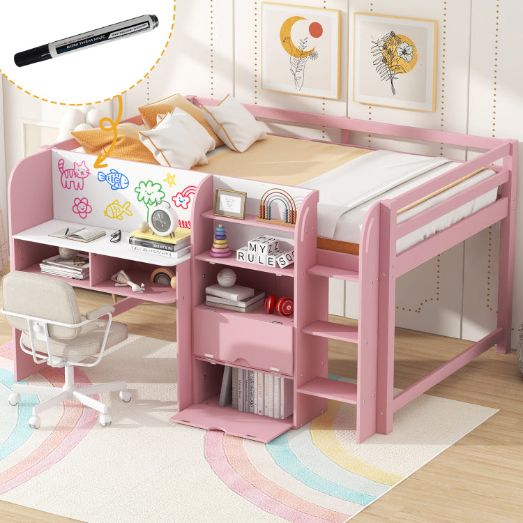 Full Size Low Loft Bed With Built In Desk,Storage Cabinets And Open Bookcase,Whiteboard For Graffiti,Pink