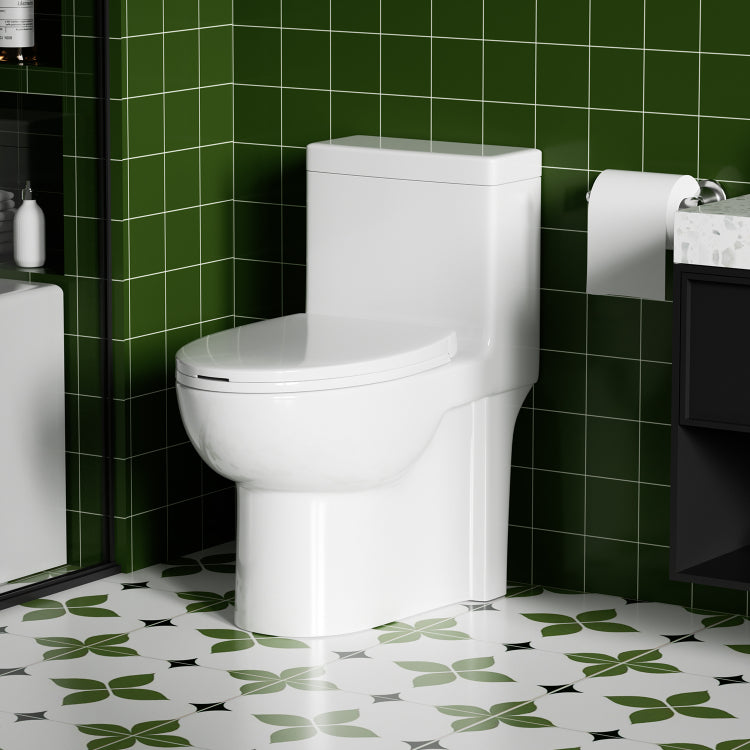1.28 Gpf Tornado Flush One Piece Toilet Elongated,Siphonic Side Press Single Flush,17" Ada Comfort Chair Height Seat,Soft Closing Seat, 1000G Map Flushing Score Toilet, Gloss White Gw 003S