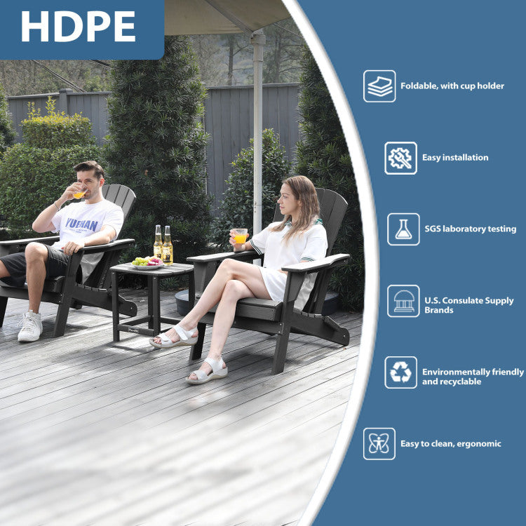 Hdpe Folding Adirondack Chair Wood Texture, Patio Adirondack Chair Weather Resistant, Plastic Fire Pit Chair With Cup Holder, Lawn Chair For Outdoor Porch Garden Backyard Deck