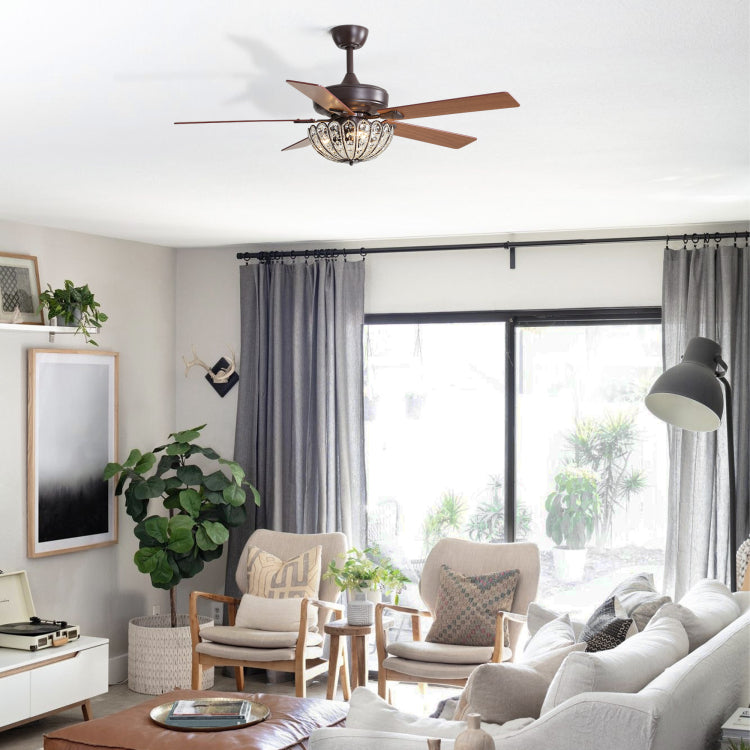 52 Inch Coffee Color With Crystal Light And Remote,With 5 Plywood Blades,Vintage Design,Reversible Dc Motor Bulbs Not Included