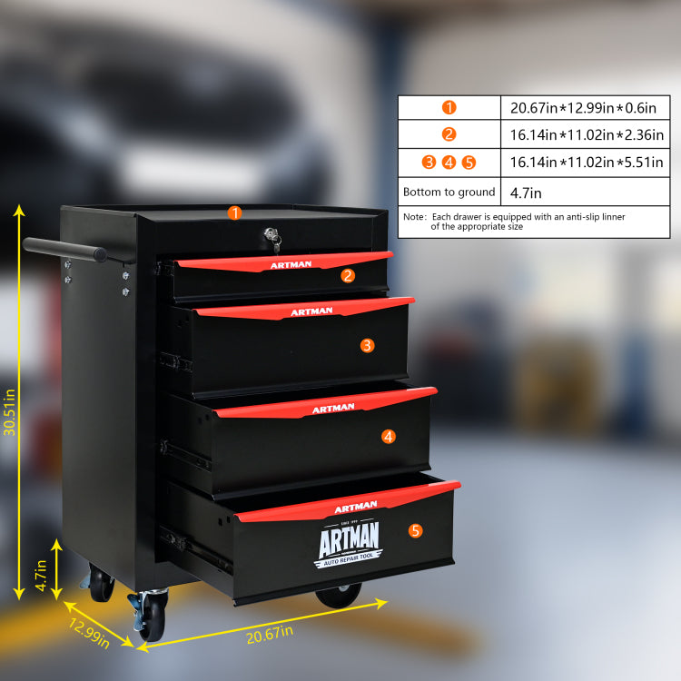 Rolling Metal Tool Chest With 4 Drawers, 20" 4 Drawer Tool Chest Cabinet With Ball Bearing Drawer Slides, Steel Tool Storage Box Organizer Black&Red