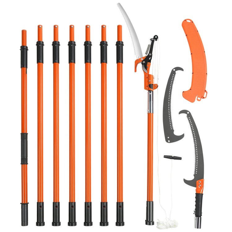 Manual Pole Saw, 7.3 27 Ft Extendable Tree Pruner, Sharp Steel Blade And Scissors High Branches Trimming, Branch Trimmer With Lightweight 8 Fiberglass Handles, For Pruning Palms And Shrubs