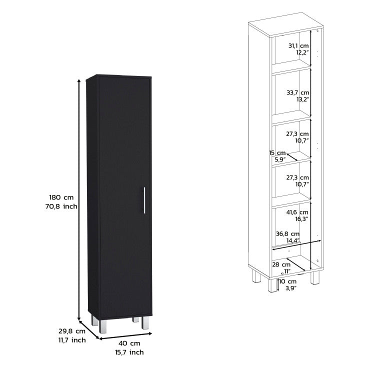 Storage Cabinet 71"H With 5 Tier Shelf, 3 Broom Hangers And Metal Hardware, Black