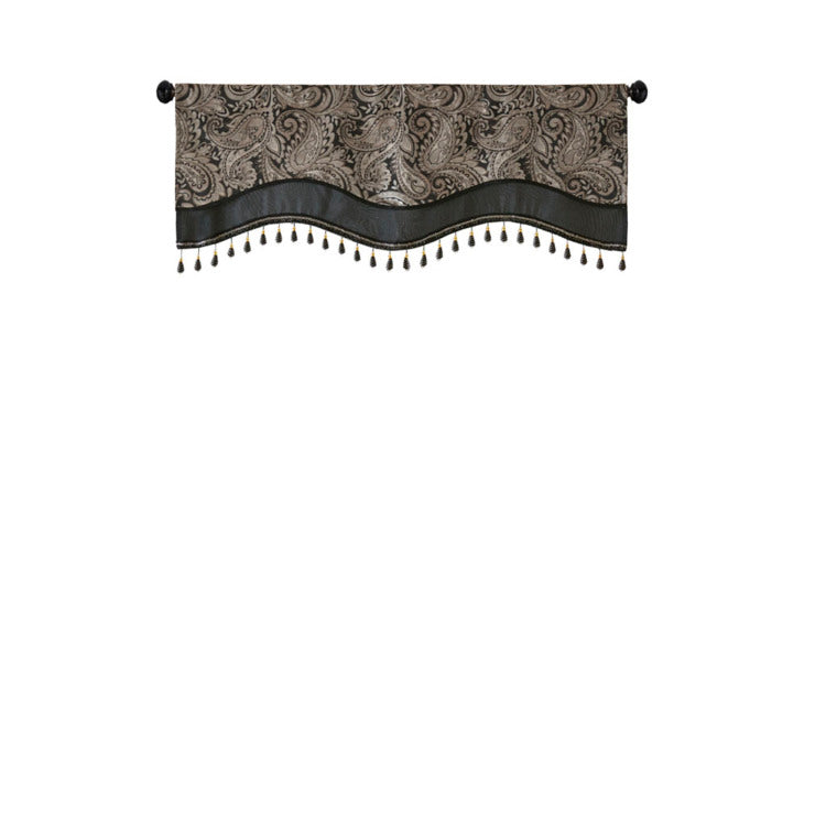 Jacquard Window Rod Pocket Valance With Beads Black 50X18"