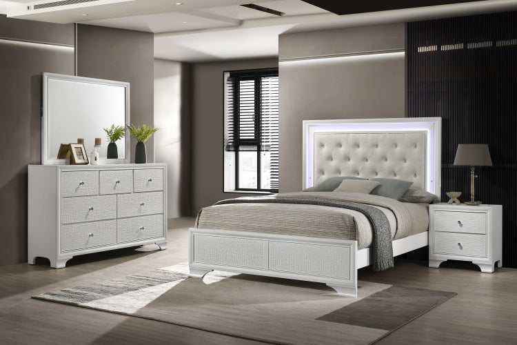 1Pc Modern White Textured Finish Tufted Headboard Upholstered Integrated Led Lighting Full Size Panel Bed Button Tufted Wooden Bedroom Furniture