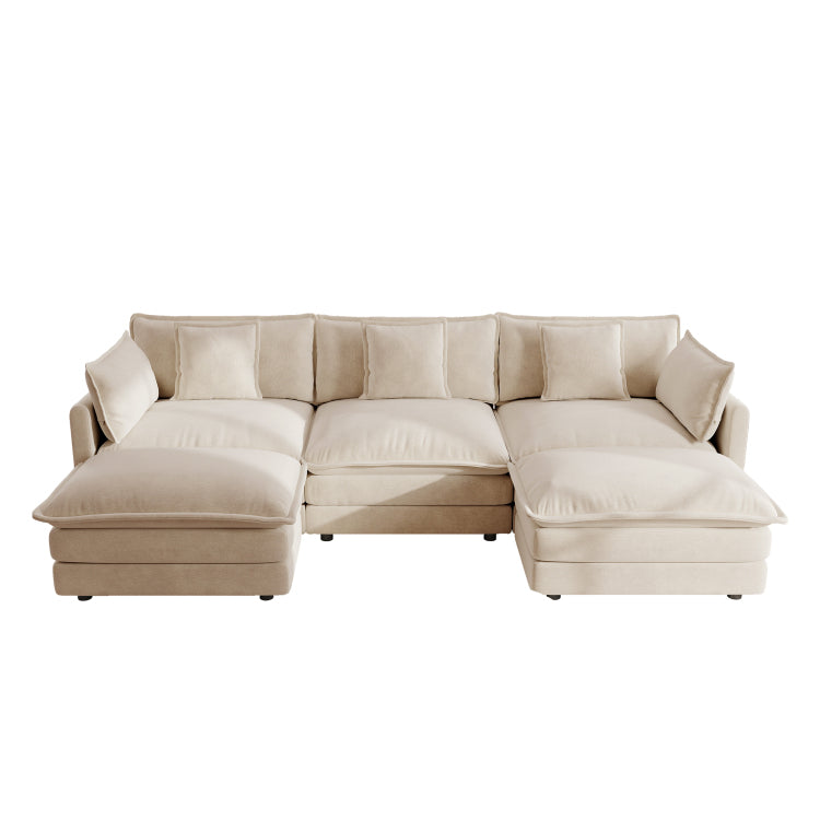 U Shaped Sectional Sofa W Reversible Footrest, 5 Seater Convertible Corner Couch With 2 Ottomans ,Modern Minimalist Soft Sofa & Couch For Living Room , Light Coffee Chenille
