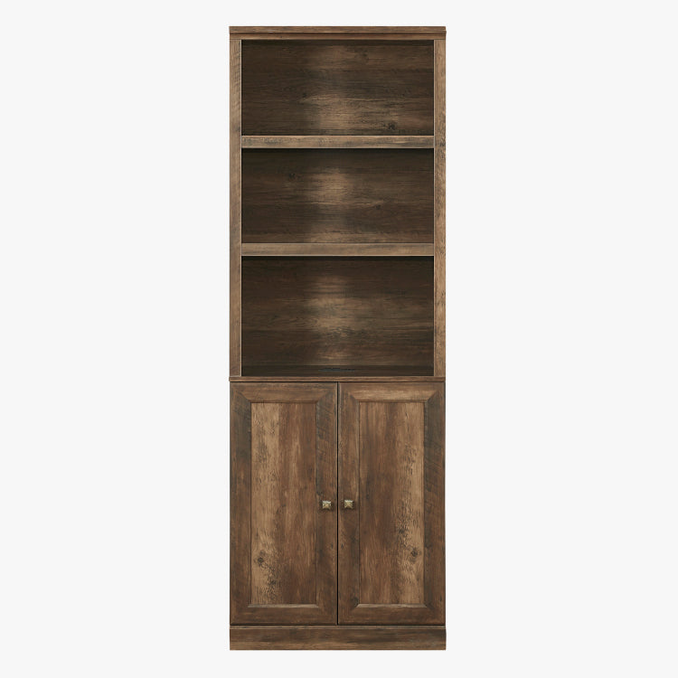 1 Doors Bookshelf With Usb Port And 3 Open Shelves Bookcase Side Cabinet Storage Shelves, Rustic Brown