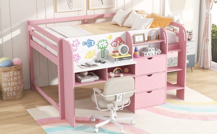 Full Size Low Loft Bed With Built In Desk,Storage Cabinets And Open Bookcase,Whiteboard For Graffiti,Pink