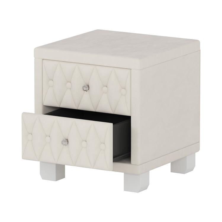 Elegant Velvet Nightstand With 2 Drawers And Crystal Handle, Storage Bedside Table With Button Tufted, Beige
