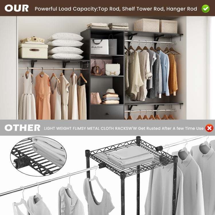 Closet Organizer High Capacity Wardrobe Rack With 3 Drawers, Shelves & Expandable Hanger Rods, Fits 6 9 Ft Spaces, Durable & Stylish 96" L X 16" W X 75" H, Supports Up To 1000 Lbs