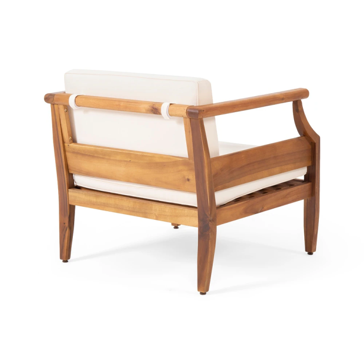 Aston Outdoor Mid Century Modern Cushioned Acacia 4 Seat Chat Set Loveseat & Coffee Table & Club Chair Teak Finish Cream Cushion