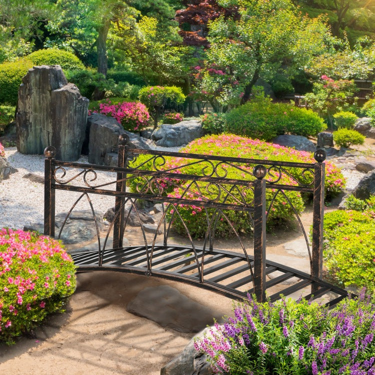 Outsunny 3.3' Metal Arch Zen Garden Bridge With Safety Siderails, Decorative Footbridge, Delicate Scrollwork & Corner Spheres For Stream, Fish Pond, Bronze