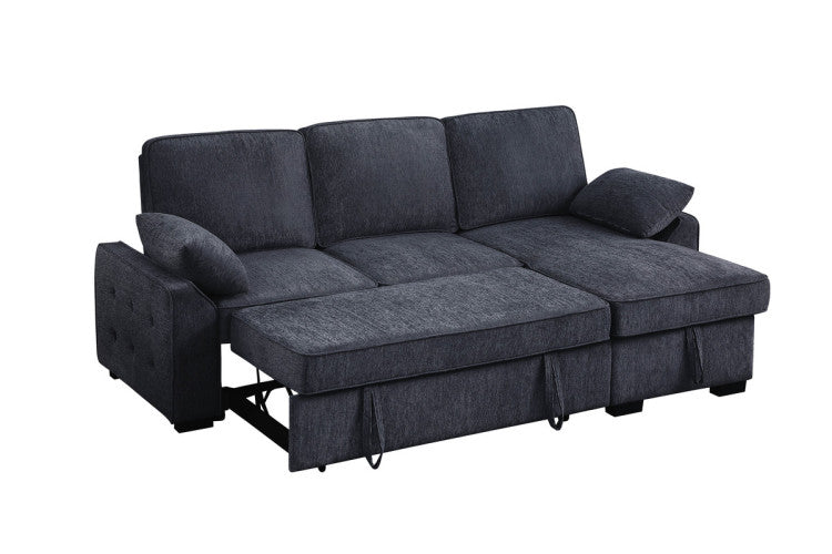 Marcello 91"W Charcoal Chenille Fabric Reversible Sleeper Sectional With Storage Chaise, Drop Down Table, Cup Holders And Charging Ports