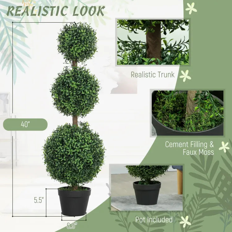 2 Pcs Set. Artificial Ball Boxwood Topiary Trees, Fake Plants In Pot