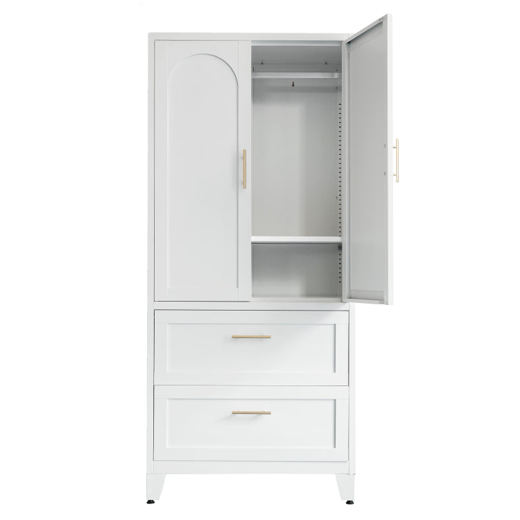 71" Tall Metal Wardrobe Cabinet With 2 Drawers And Hanging Rod, 2 Doors Wardrobe Closet With Shelf For Bedroom, Office, Laundry Room,Entryway ,Foyer,Guesthouse White