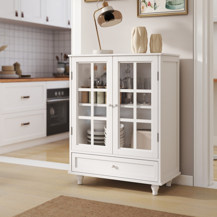 Minimalist White Buffet Cabinet With Double Glass Doors And Drawer, Modern Wooden Storage Sideboard Cupboard For Living Room, Dining Room Hallway Entryway