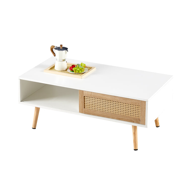 41.34" Rattan Coffee Table, Sliding Door For Storage, Solid Wood Legs, Modern Table For Living Room ,White